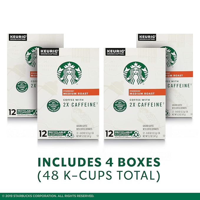 Starbucks Medium Roast K-Cup Coffee Pods with 2X Caffeine for Keurig Brewers 4 boxes (48 pods total)
