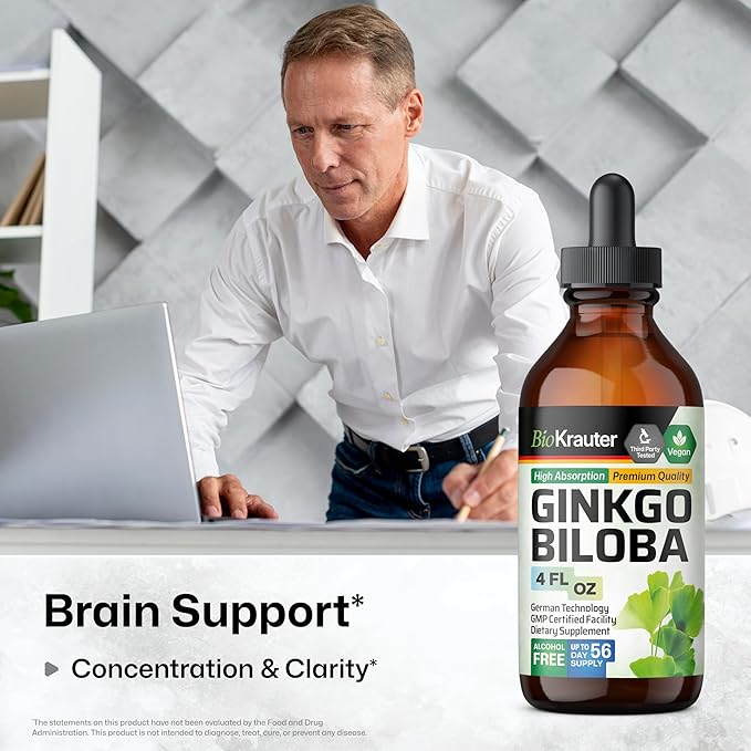 BIO KRAUTER® Ginkgo Biloba for Brain Support - Pure Vegan Ginkgo Biloba Supplement 670 mg - Supports Calm Focus &amp Memory - Alcohol &amp Sugar Free 4 Fl.Oz 56-Day Supply Liquid Drops for Brain