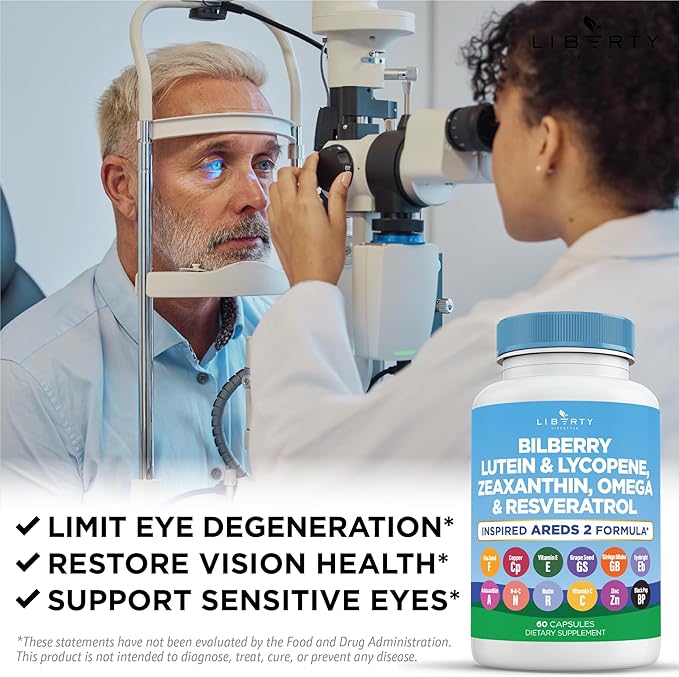 Eye Health Vitamins with Bilberry Lutein &amp Zeaxanthin Lycopene Resveratrol Grape Seed Extract Flaxseed Astaxanthin- AREDS 2-180 Capsules