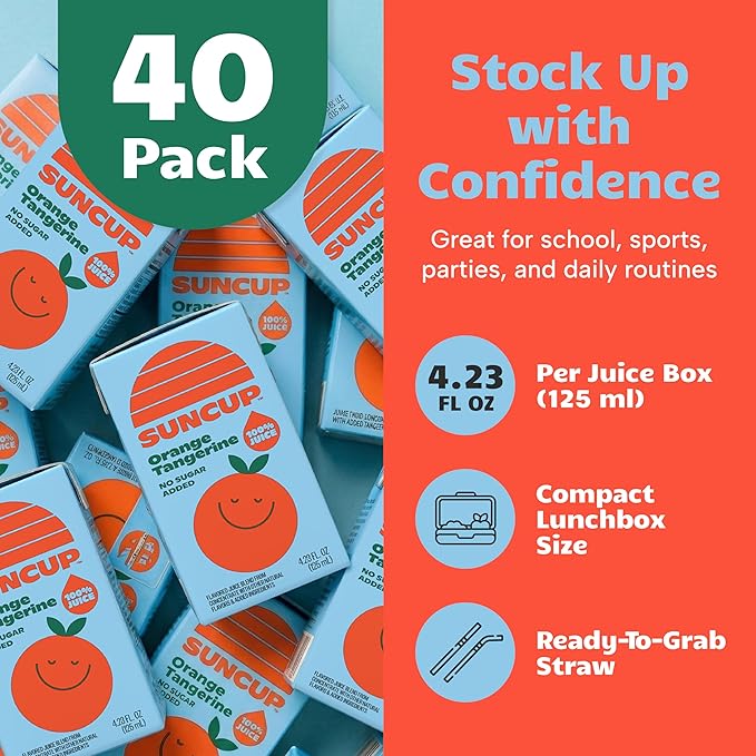 SunCup 100% Juice Boxes for Kids | No Added Sugar No Dyes No Preservatives | Trusted in Schools Across 49 States | Bulk Pack with Straw | 4.23 oz (40 Pack) Orange Tangerine