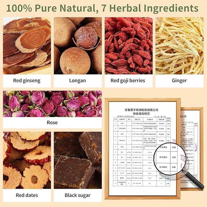 Hee Creek Longan Red Date Ginger Sugar Tea 10.23oz (25 Bags) Ancient Method Handmade Red Ginseng Brown Sugar Ginger Tea for Women Qi and Blood Tonic Caffeine Free 红参 桂圆红枣姜糖茶 黑糖姜茶 红糖姜枣茶