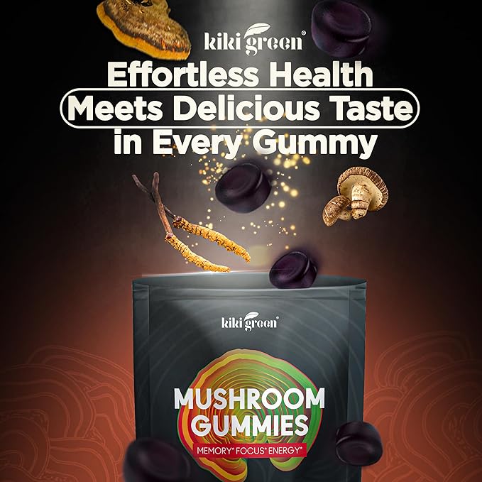 KIKI Green Mushroom Gummies with Lion's Mane and 9 Adaptogen Superfoods Blend - Chaga Red Reishi Cordyceps Shiitake Black Fungus | 60 Count 10:1 Extract
