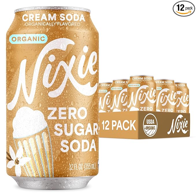 Nixie Organic Zero Sugar Soda Cream Soda Healthy Soda Pop Non-GMO 0 Sugar 0 Calories Caffeine Free 12oz Cans (12 Pack)