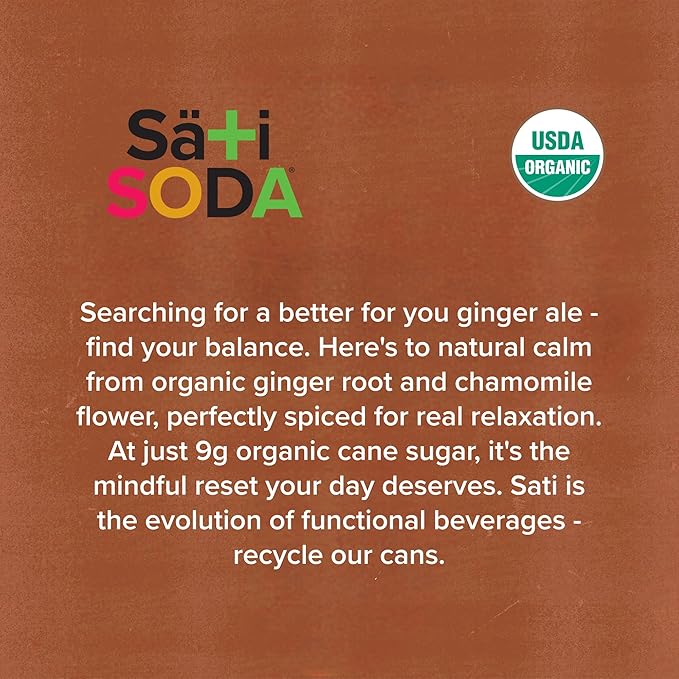 Sati Soda Ginger – Functional Ginger Soda with Chamomile – Low Sugar (9g) Organic Sparkling Drink for Calm &amp Digestion – Healthy Soda Alternative – 12 Pack