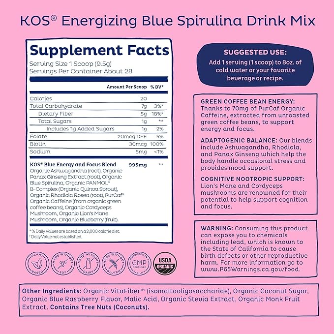 KOS Energizing Blue Spirulina Blend - USDA Certified Organic - B Vitamins Ashwagandha Ginseng Adaptogens Biotin - Vegan Pre Workout Powder - Caffeinated Berry Flavored 28 Servings
