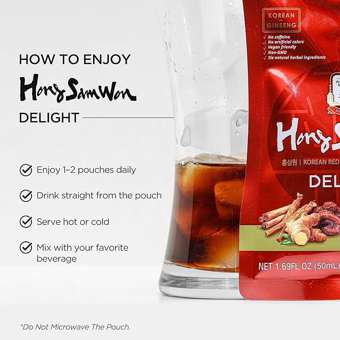 JUNG KWAN JANG Hong Sam Won Delight - Korean Red Ginseng Tea Herbal Energy Drink with Lime Jujube Ginger 3 Vitamins &amp 9 Amino Acids - No Caffeine No Calories No Sugar (30 Pouches 1.69 fl oz)