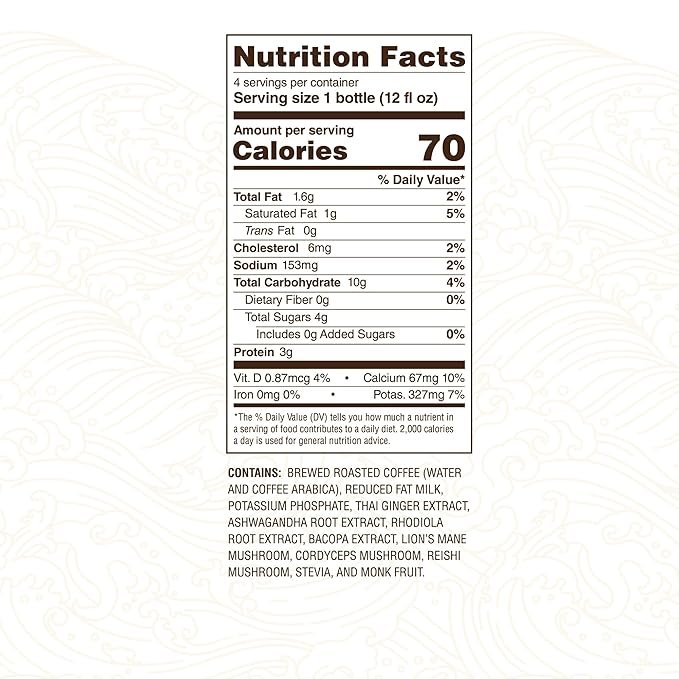 Vai Dai Coffee Latte 4-pack 12 Fl Oz - Lightly Sweetened Ready-to-Drink Functional Adaptogens &amp Nootropics for Energy Focus &amp Mental Clarity with Lion’s Mane Ashwagandha Mushrooms &amp