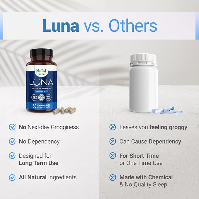 Nested Naturals Luna Melatonin-Free Pack of Two Bedtime Supplement for Adults Herbal Nighttime Sleeping Capsule Valerian Root with Chamomile Lemon Balm Non-GMO Gluten-Free