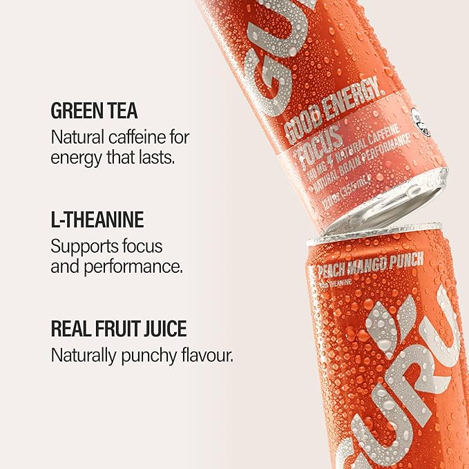 GURU Peach Mango Punch Organic Energy Drinks Clean Energy Drink with Plant Based Natural Caffeine from Green Tea + Focus with L Theanine Gluten Free and Vegan 140MG Caffeine 12oz (Pack of 24)