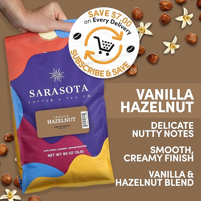 Sarasota Coffee Whole Bean Vanilla Hazelnut | Medium Roast Gourmet Flavored Coffee Beans | Low Acid Mold Free Specialty Grade Bulk Beans | 5lb (80 oz)