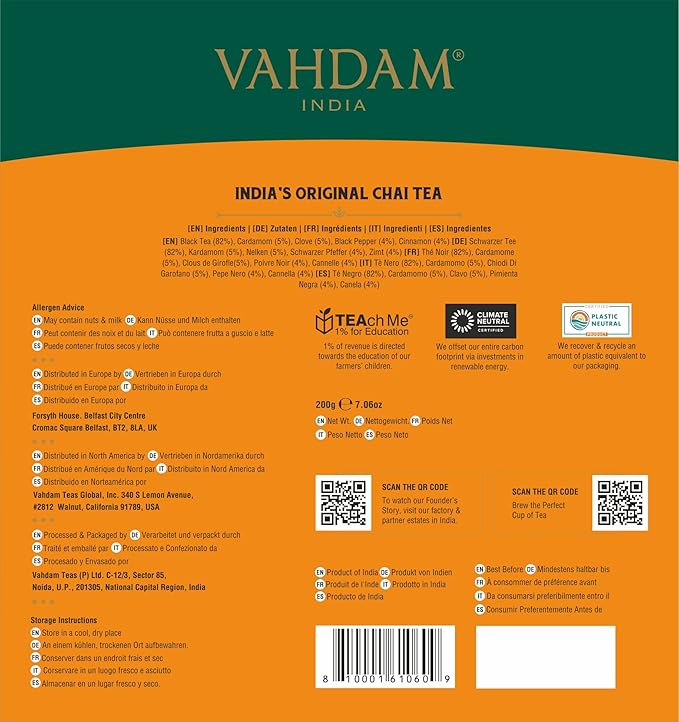 VAHDAM India's Original Masala Chai Tea Bags (100 Count) No Added Flavoring | Blended w/Exotic Spices | Whole Leaf Tea Bags | Resealable Ziplock Pouch