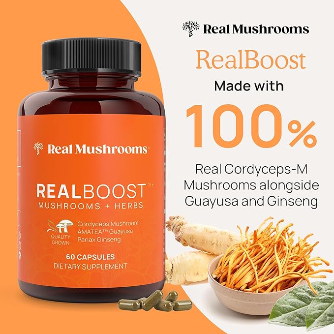 Real Mushrooms RealBoost Capsules – Cordyceps Mushroom Panax Ginseng &amp Guayusa Extract – for Overall Wellness &amp Energy Support – Vegan Non-GMO No Fillers – 60 Count Mushroom Supplement Blen