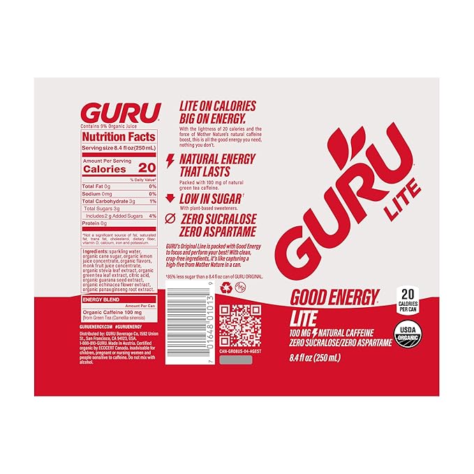 GURU Organic Energy Drinks Variety Pack Clean Energy Drink with Plant Based Natural Caffeine from Green Tea Gluten Free and Vegan 140MG Caffeine Healthy Drinks 12 oz (Pack of 12)