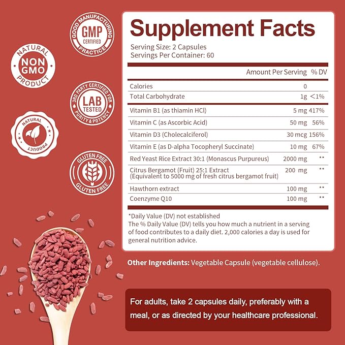 (2 Packs) Red Yeast Rice with CoQ10 Supplement - Citrinin Free Red Yeast Rice 2000 mg Capsules with CoQ10 100mg Plus Citrus Bergamot - Niacin-Free Cholesterol &amp Energy Supplement 3rd-Party Teste