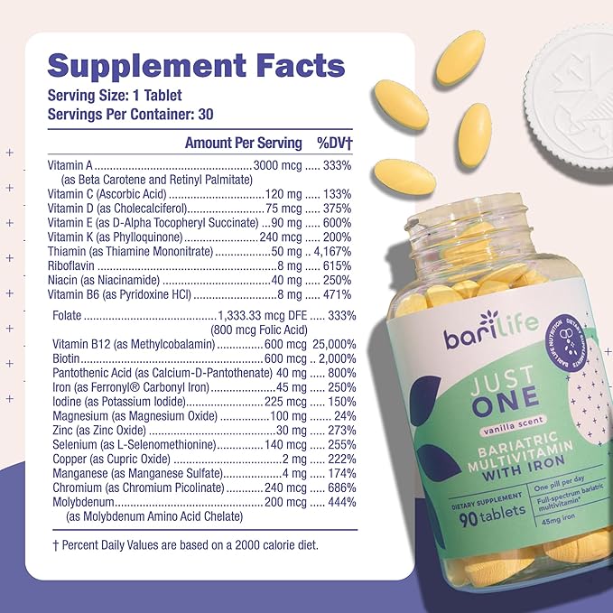 Just One - Once Daily Bariatric Multivitamin with Iron 90 Count for Gastric Sleeve and Gastric Bypass
