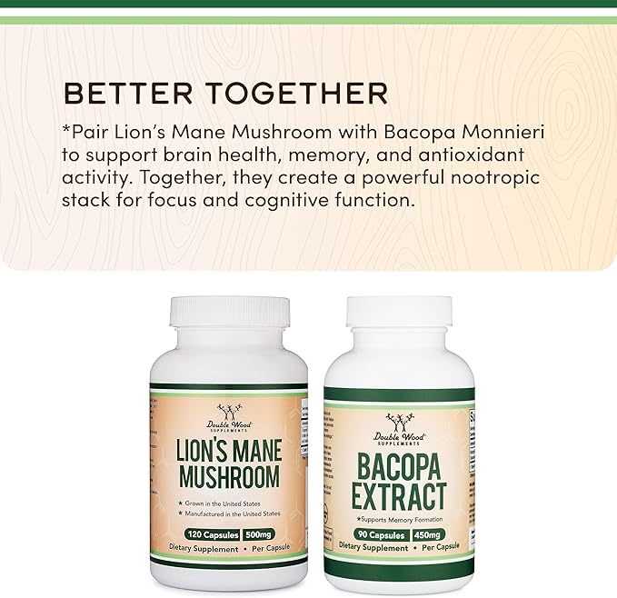 Organic Lions Mane Mushroom Capsules (120 Count) for Focus Support and Immune Health Third Party Tested and Grown in The USA - by Double Wood