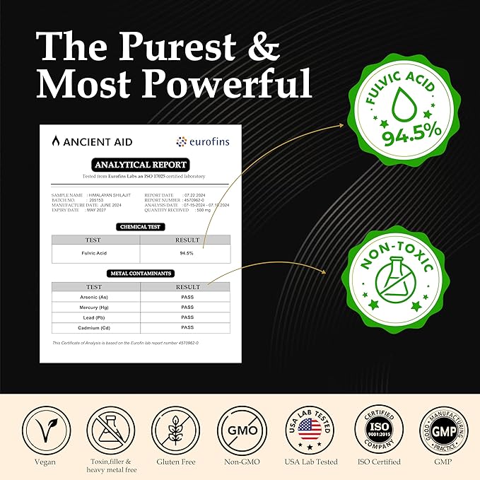 The Most Potent Shilajit – 100% Pure Organic Himalayan Shilajit Resin | 90%+ Fulvic Acid 87+ Trace Minerals | Maximum Strength for Men &amp Women | Supports Energy &amp Focus | 60 Servings | USA Lab
