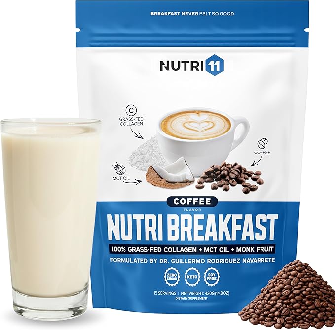 NutriBreakfast by Nutrillermo/Keto Protein Collagen Powder with MCT Oil/MCT Oil Powder/Keto Collagen Peptides with Grass-Fed Bovine Collagen Type I &amp III (15.9 Coffee)