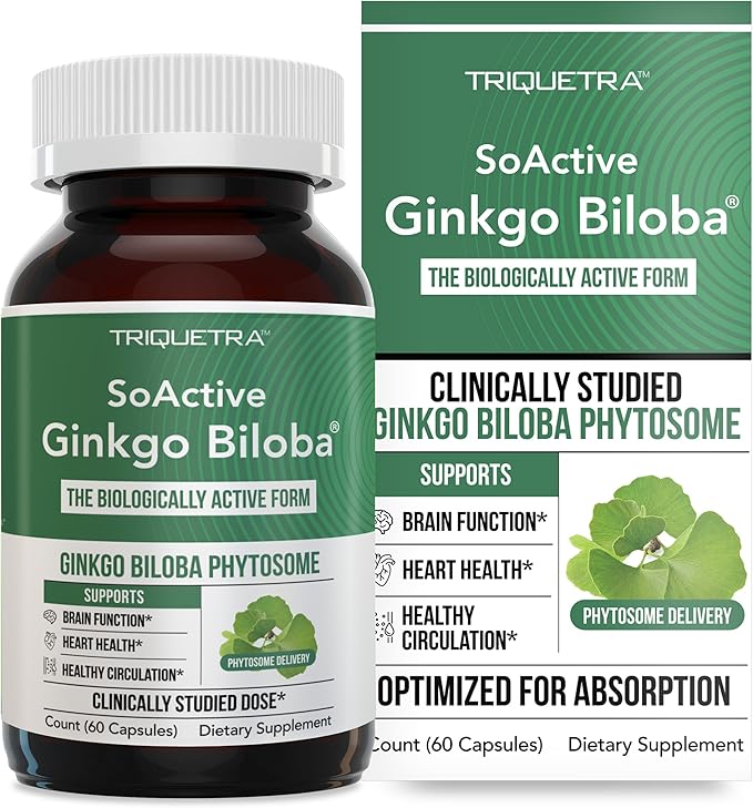 SoActive Ginkgo Biloba with GinkgoSelect® Phytosome | Clinically Studied Enhanced Absorption for Brain Heart &amp Memory Support – 180 mg – Helps Maintain Circulation &amp Cognitive Health (60 Caps