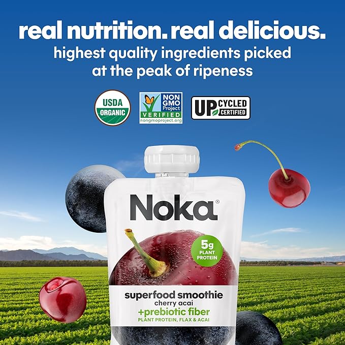 Noka Superfood Fruit Smoothie Pouches Cherry Acai Healthy Snacks with Flax Seed Plant Protein and Prebiotic Fiber Vegan and Gluten Free Snacks Organic Squeeze Pouch 4.22 oz 6 Count