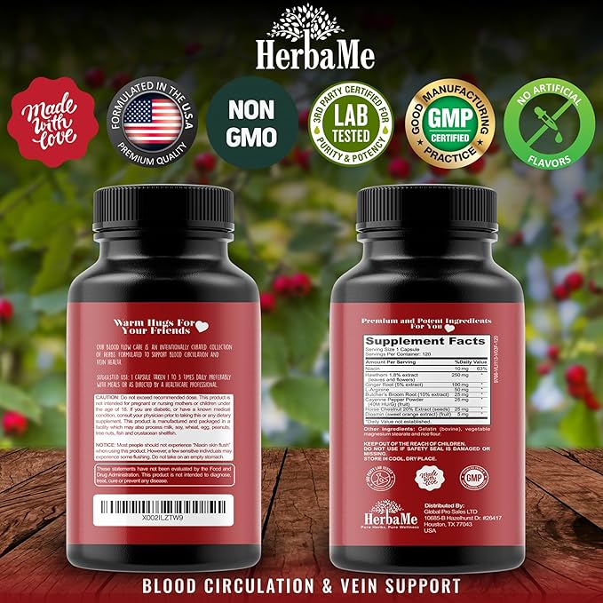 Blood Circulation Supplement 120 Capsules Supports Leg Vein Heart Vessels and Cardiovascular Health with Niacin L-Arginine Ginger Cayenne Pepper Hawthorn Diosmin Blood Flow Pills