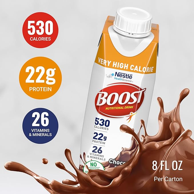 BOOST Very High Calorie Nutritional Drink – Helps Weight Gain &amp Maintenance -530 Calories -26 Vitamins &amp Minerals - 22 g Protein - Variety Pack - Vanilla Chocolate &amp Strawberry - 8 fl oz