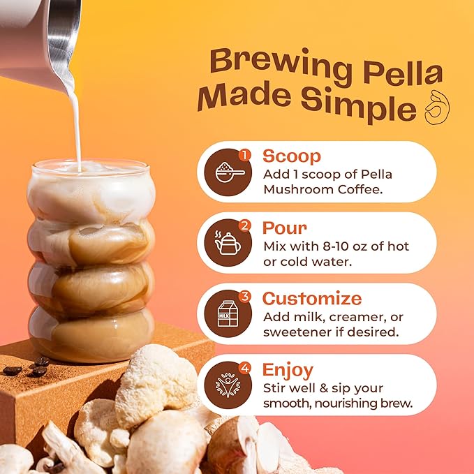 Low-Caffeine Mushroom Coffee (60 Servings) – Superfood Great Tasting Instant Coffee – Includes Lion's Mane Reishi Chaga Cordyceps Shiitake Maitake and Turkey Tail Mushroom Supplement
