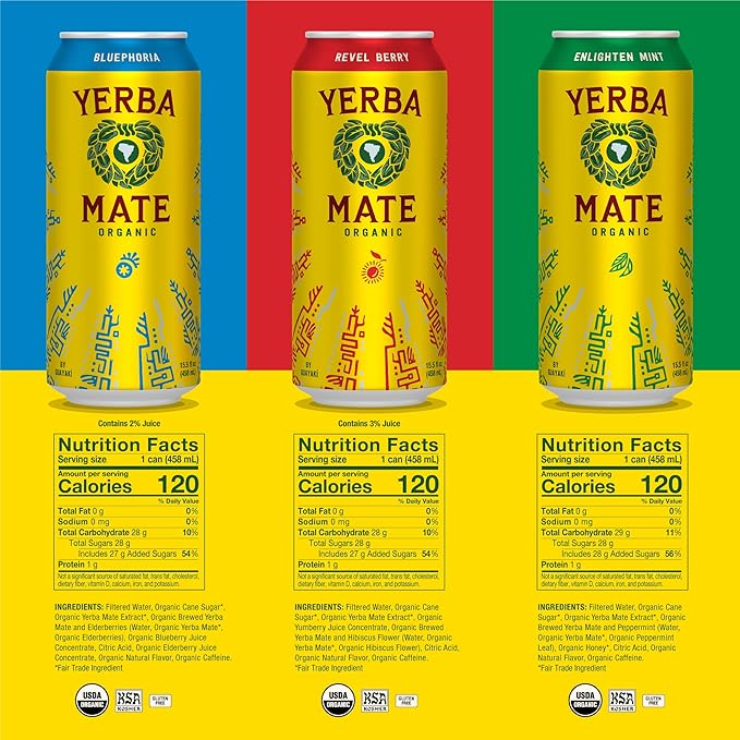 Yerba Madre Organic Yerba Mate Variety Pack 150mg Natural Caffeine Energy Drink Alternative No Jitters or Crash 15.5 Oz Cans (Pack of 12)