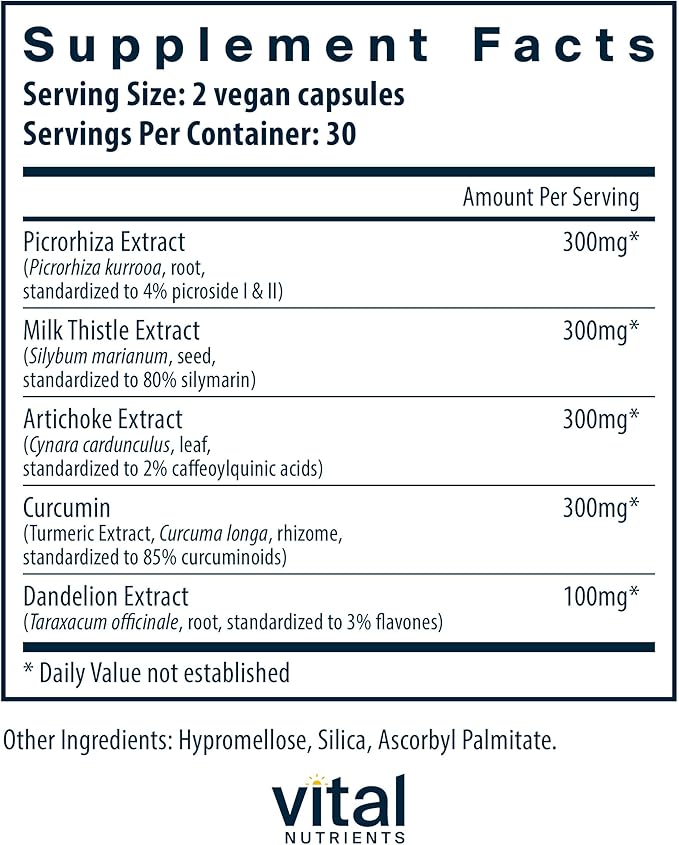 Vital Nutrients Liver Support II with Picrorhiza Milk Thistle and Curcumin - Vegan Supplement - Herbal Combination to Support Healthy Liver Function* - Gluten Dairy and Soy Free - 60 Capsules