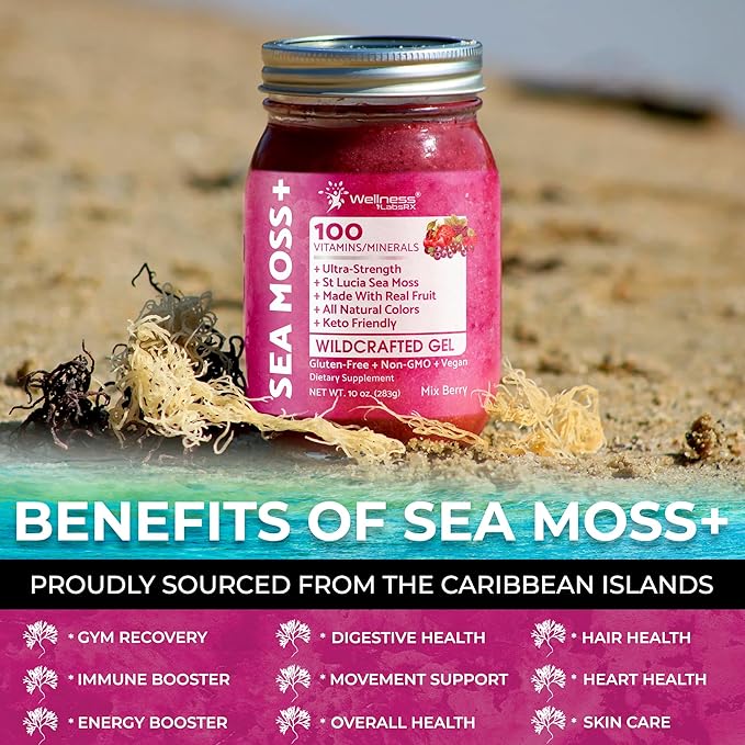WELLNESS LABSRX Irish Sea Moss Gel Raw - Wildcrafted Superfood Seamoss Gel - Mix Berry Flavor Vitamin and Mineral-Rich from Pristine Caribbean Waters Immune and Digestive Health Support - 10 oz.