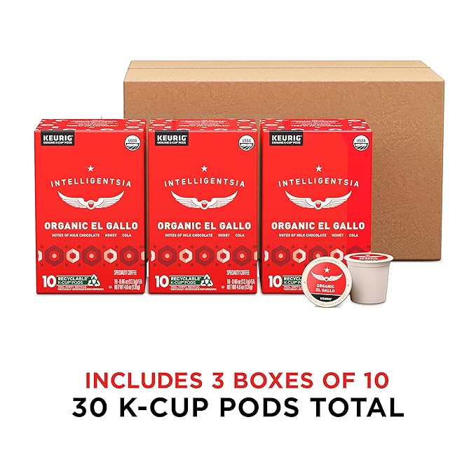 Intelligentsia Coffee Light Roast K-Cup Coffee Pods for Keurig Brewers - Organic El Gallo 30 Count with Flavor Notes of Milk Chocolate Honey and Cola (3 Boxes of 10 K-Cup Pods)