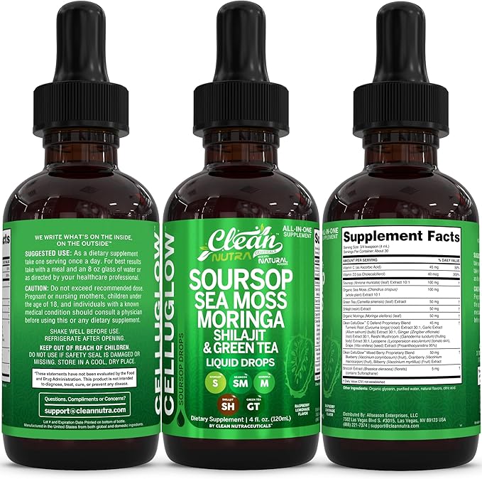 Clean Nutra Soursop Liquid Drops Sea Moss Moringa Shilajit Green Tea Vitamin D Vitamin C Garlic Supplements Grape Seed Lycopene Turmeric Root 4 Oz Immune Support &amp Cellular Health by Clean Nutra