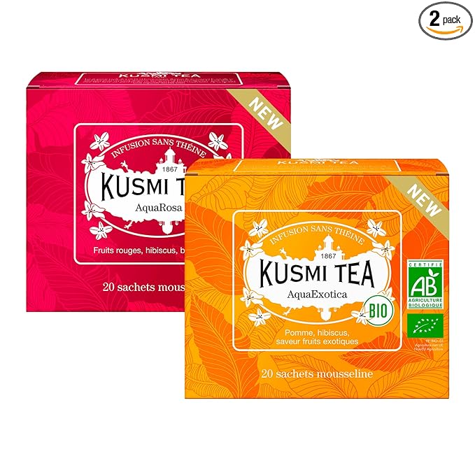 Kusmi Tea - Pack of 2 Boxes of Tea Bags - AquaExotica + AquaRosa - Iced Herbal Tea Recipe - Hibiscus Based Fruit Teas with Apple Rosehips Black Berries - Caffeine Free Herbal Tea - 2x20 Tea Bags