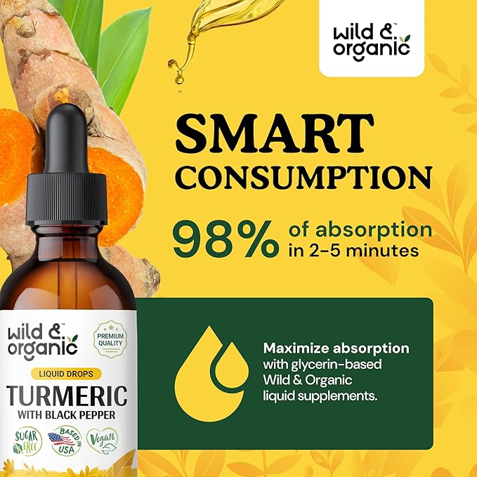 Wild &amp Organic Turmeric Supplement Liquid - Joint Support - Turmeric Curcumin with Black Pepper Extract - Curcumin Root Drops - Vegan Sugar &amp Alcohol-Free Tincture - 2 fl oz