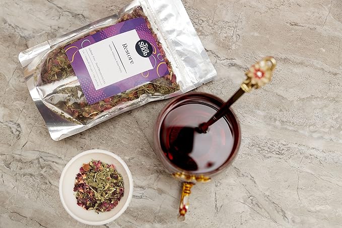 Tea Snob's Restore blend Hibiscus Nettle Rose 2oz loose leaf tea hot or iced caffeine free hand blended resealable pouch keeps your tea fresh makes 25-30 cups