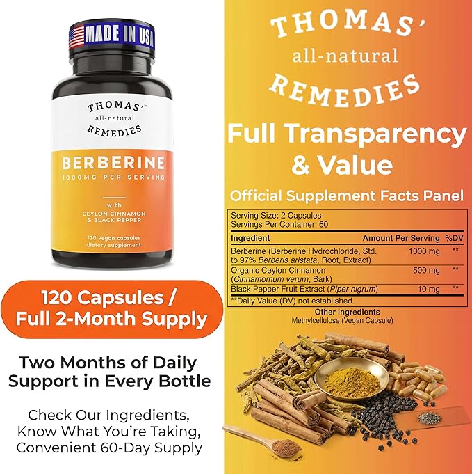 Thomas' all-natural Remedies Berberine 1000mg Metabolic Support - 120 Vegan Capsules w/Organic Ceylon Cinnamon &amp Black Pepper | Supports Healthy Heart and Gut Health &amp Overall Wellness