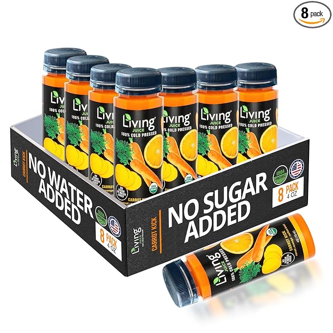 O2 Living Juice Cold Pressed Drink - Carrot Kick Organic Juice Pack - No Added Sugars or Water Naturally Sweetened from Fruits Rich in Nutrients &amp Vitamins - Refreshing &amp Non-GMO - 4 fl oz