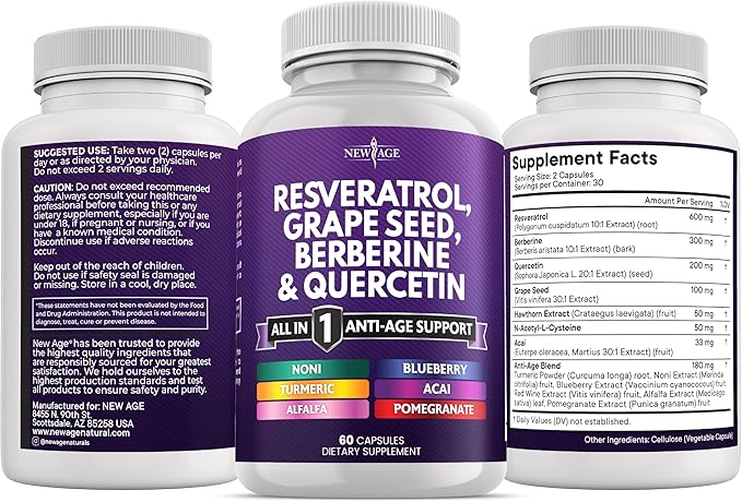 NEW AGE Resveratrol Berberine Grape Seed Extract Quercetin Supplement for Women and Men with Noni N-Acetyl Cysteine Acai - 120 Capsules
