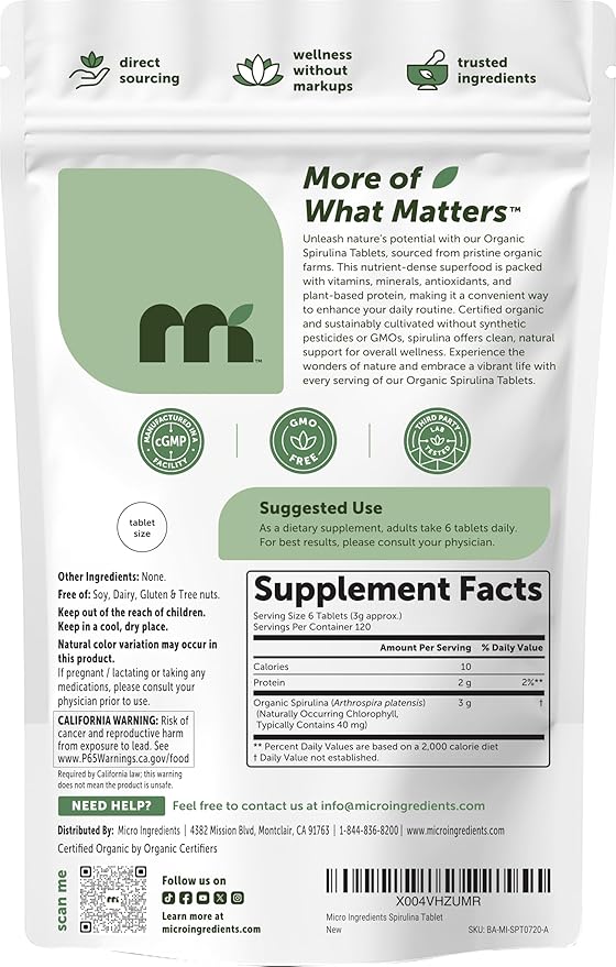 Micro Ingredients Organic Spirulina Supplement 720 Tablets (4 Month Supply) No Filler &amp Non-GMO Rich in Vegan Protein Vitamins &amp Prebiotics Premium Spirulina Pills
