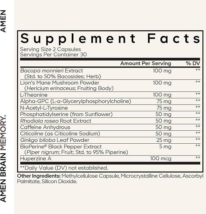 Amen Brain Memory Supplement- Bacopa Lion’s Mane Alpha-GPC Citicoline Phosphatidylserine Rhodiola Ginkgo BioPerine Huperzine A - NSF Certified Cognition &amp Mind Vitamins Non-GMO - 60 Capsu