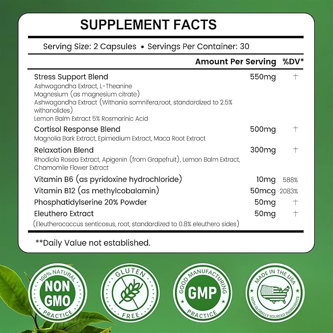 Cortisol Supplement 15-in-1 Cortisol Manager with Ashwagandha L-Theanine &amp Magnesium Supports Cortisol Health Relaxation &amp Restful Sleep 60 Capsules