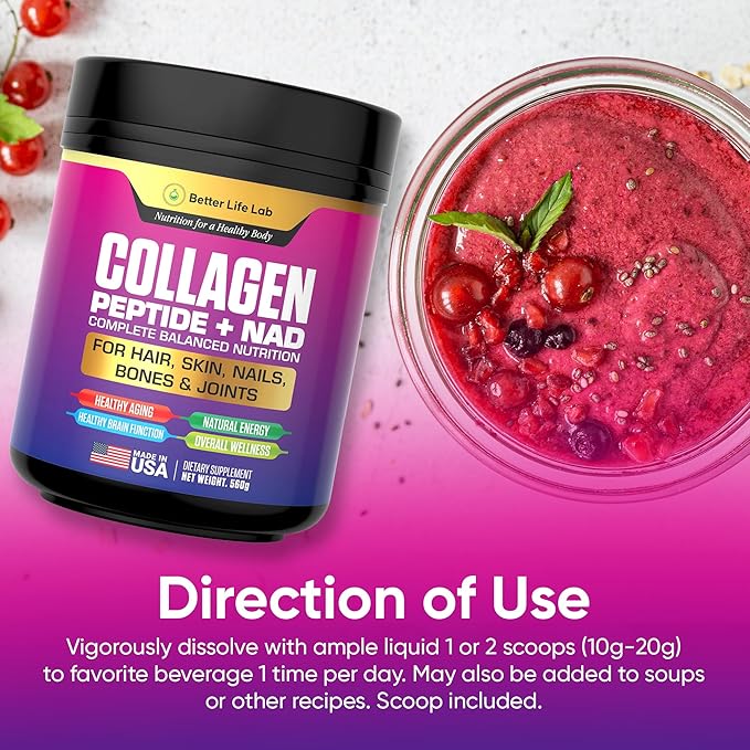 Hydrolyzed Collagen Peptides with NAD – Supports Hair Skin Nails Joints &amp Bones – Type I &amp III Collagen – Grass-Fed Unflavored Powder