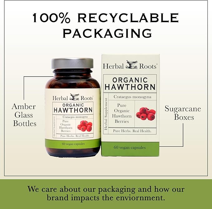 Herbal Roots Organic Hawthorn Berry Capsules | Extra Strength 1200mg per Serving | 60 Vegan Capsules