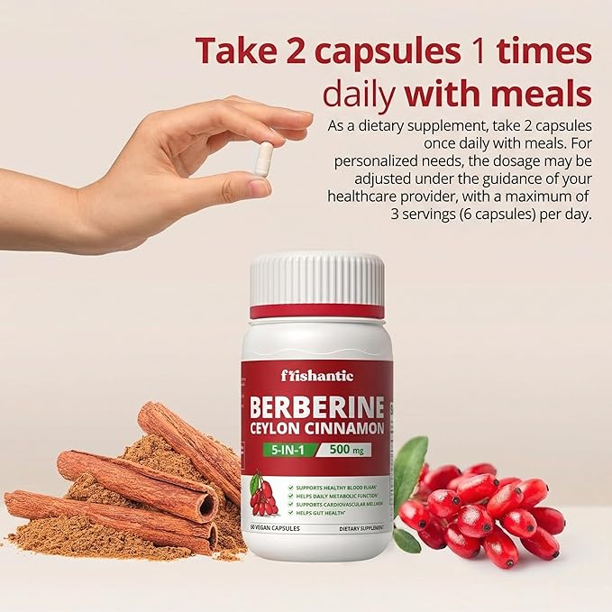 30-Day Supply Berberine with Ceylon Cinnamon 500mg Berberine Supplement for Blood Sugar Support Metabolism* Gluten-Free Non-GMO &amp Vegan 60 Capsules