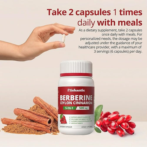30-Day Supply Berberine with Ceylon Cinnamon 500mg Berberine Supplement for Blood Sugar Support Metabolism* Gluten-Free Non-GMO &amp Vegan 60 Capsules