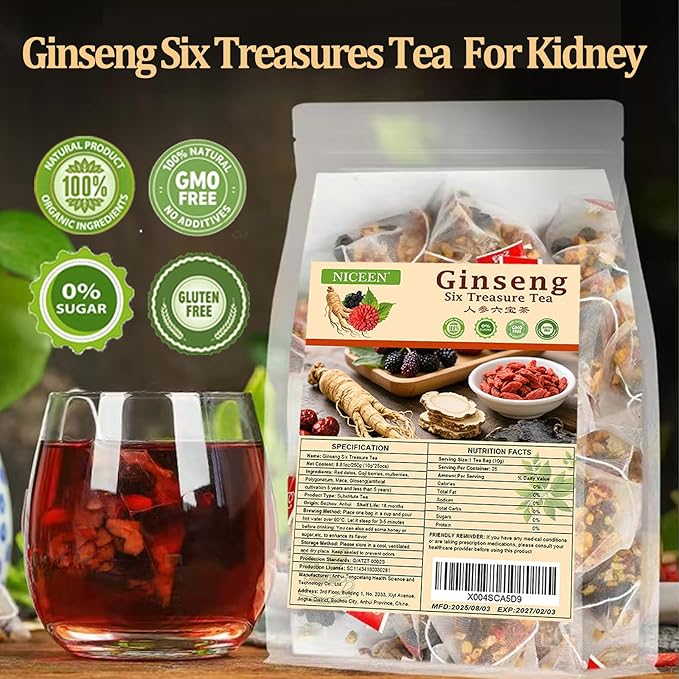 kidney Tea Formula Ginseng Six Treasure Tea 6 Precious Ingredients Formula for Kidney Detox Natural Ginseng Five Treasures Teabag for Women &amp Men No Additives Sugar&ampCaffeine (50 Pcs 2 Bags