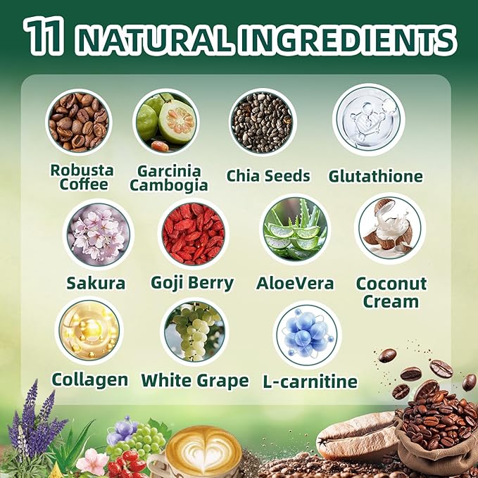 20x Collagen Chia Coffee - 11-in-1 Coffee Shape Mix with Collagen &amp Chia Seeds L-Glutathione for Skin Hair - Boost Energy and Improve Focus Vegan Friendly 45 Servings