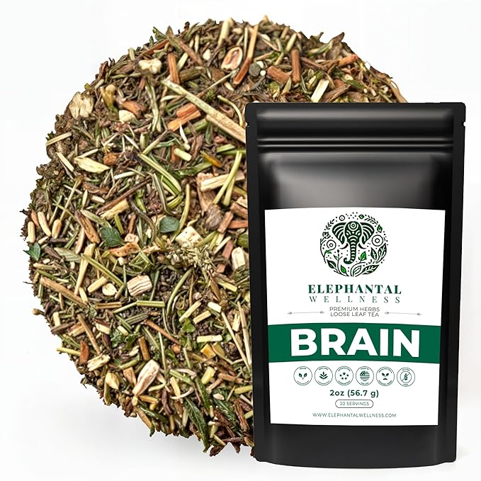 Elephantal Wellness Premium Brain Herbal Tea | Nootropic Focus &amp Mental Clarity with Ginkgo Bacopa Gotu Kola &amp Rosemary | Non-GMO Caffeine-Free Coffee Alternative Handmade Loose Leaf Blend