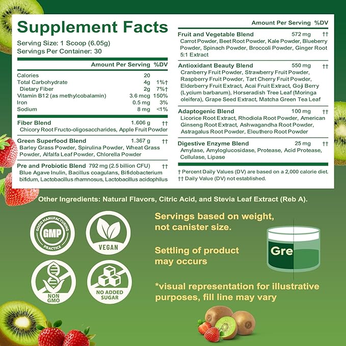 Super Greens Powder Superfood Greens Juice Drink Mix with Spirulina Chlorella Adaptogens &amp Fiber Digestive Enzymes Pre + Probiotics Supplement for Women &amp Men Bloating &amp Gut Health 3