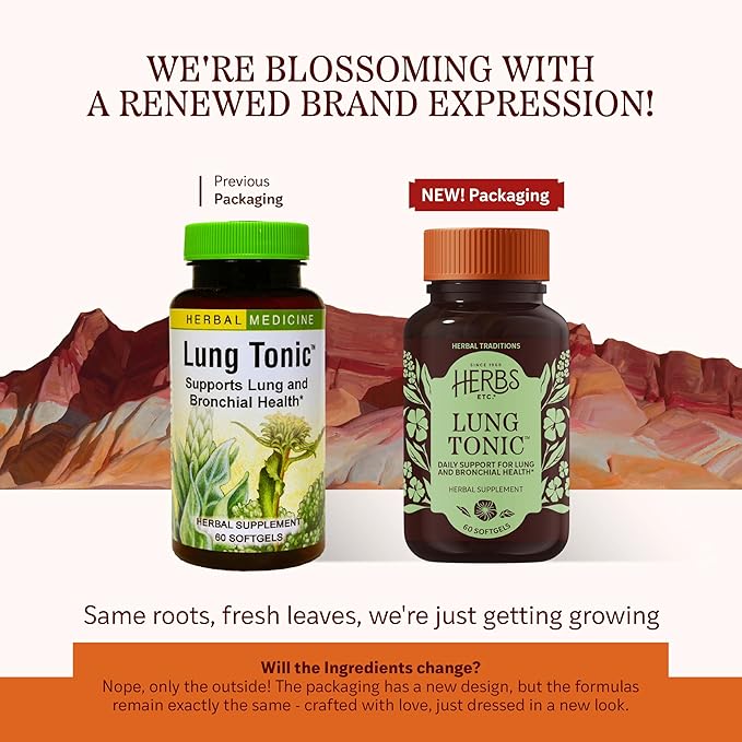 Herbs Etc. Lung Tonic - Lung Supplement for Bronchial Support - Healthy Breathing Support with Mullein Horehound &amp Grindelia - 60 Softgels
